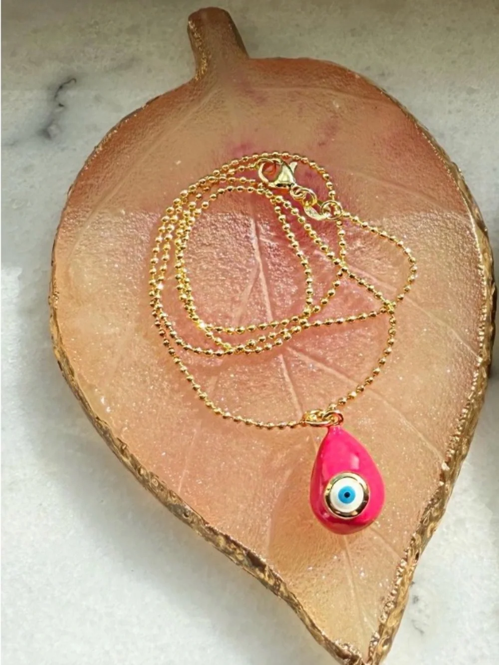 Hot Pink Evil Eye Necklace 16 inches  .925 sterling silver gold plated